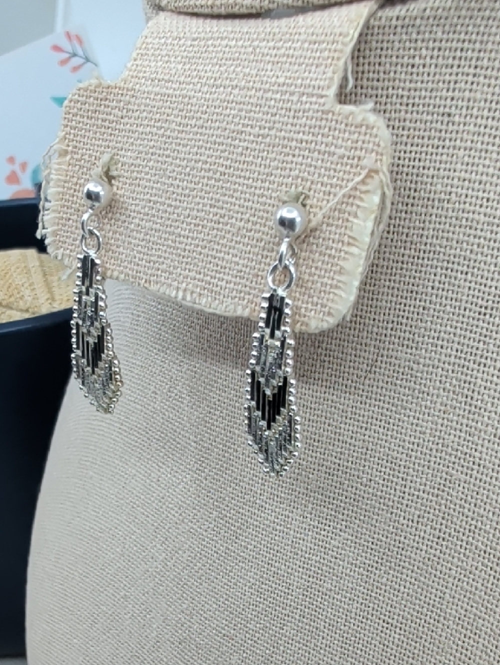 Vintage 925 Italy Sterling Silver Woven Mesh Geometric Drop Earrings Ball Stud - Picture 16 of 17